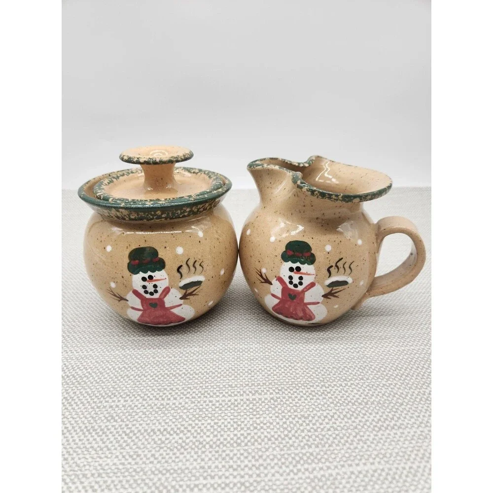 Three Rivers Pottery Cream Pitcher & Sugar Bowl Brown Green Snowman Family